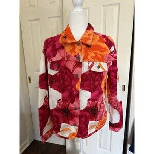 French Laundry White orange pink Floral Jacket Button up Collared Size L